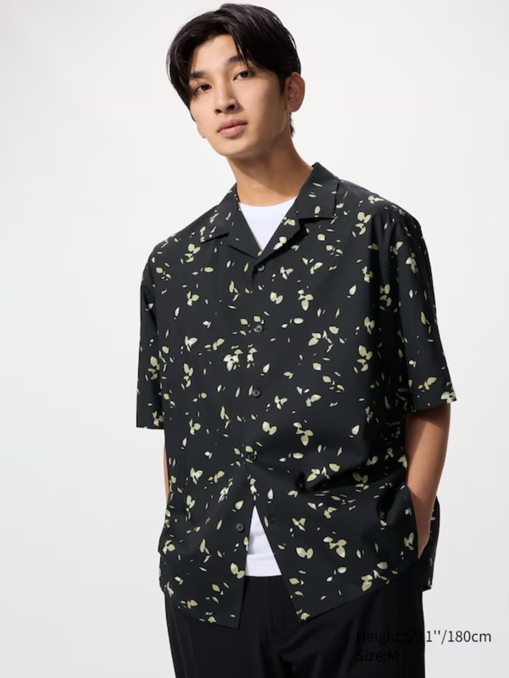 Black Short-Sleeve Button Shirt with Green Leaf Print